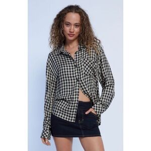 We Wore What Boyfriend Button Down Shirt Herringbone Plaid Black Khaki XXS/XS